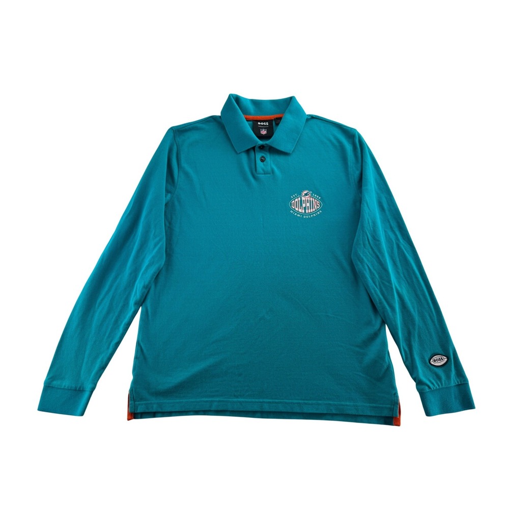 Hugo BOSS x NFL Miami Dolphins Long Sleeve Polo Shirt Teal NFL‎ Logo Mens LARGE